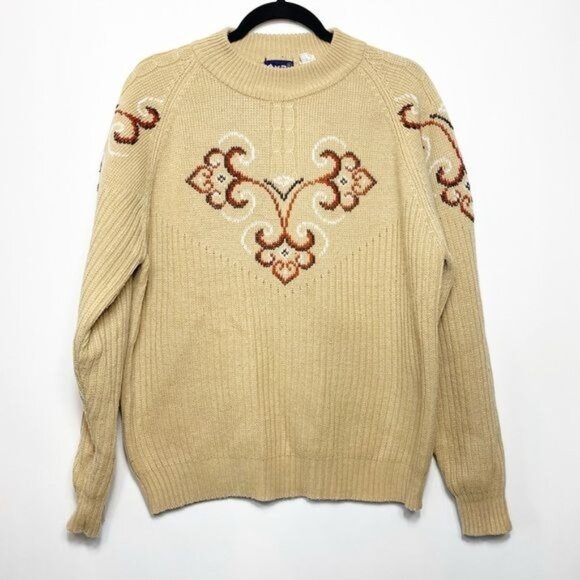 Vintage 1970s DKP Beige Knit Sweater With Ornate Embroidered Pattern Size XL - Picture 2 of 8